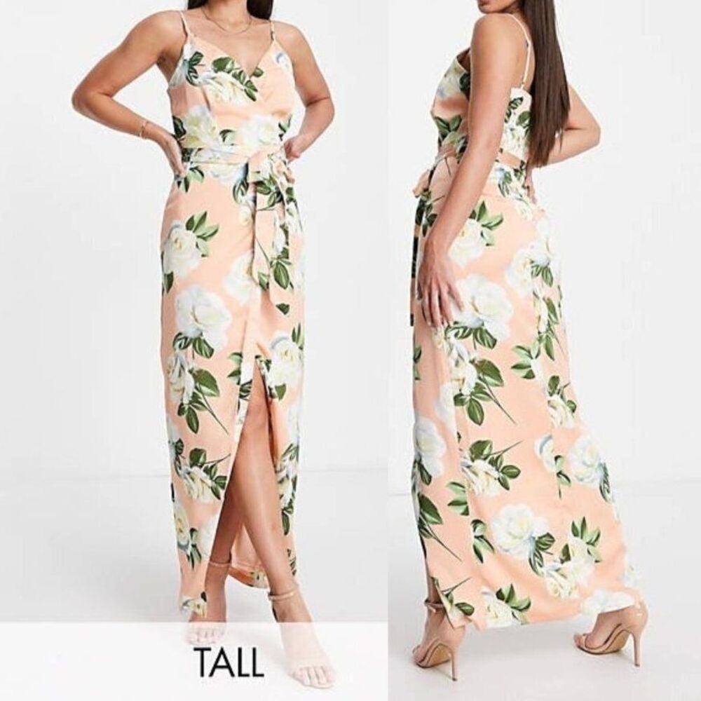 Liquorish Women's‎ Floral Print Satin Wrap Maxi Dress Party Pink Blush Size 10